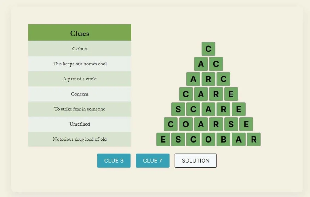 Word pyramid puzzle game interface featuring clue-based word solving with progressively longer words and interactive solution buttons.