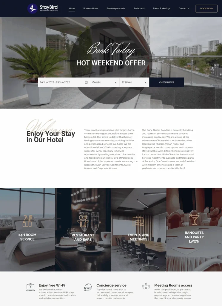 StayBird hotel booking website design and development project featuring online reservations, hospitality services, and responsive accommodation booking platform.
