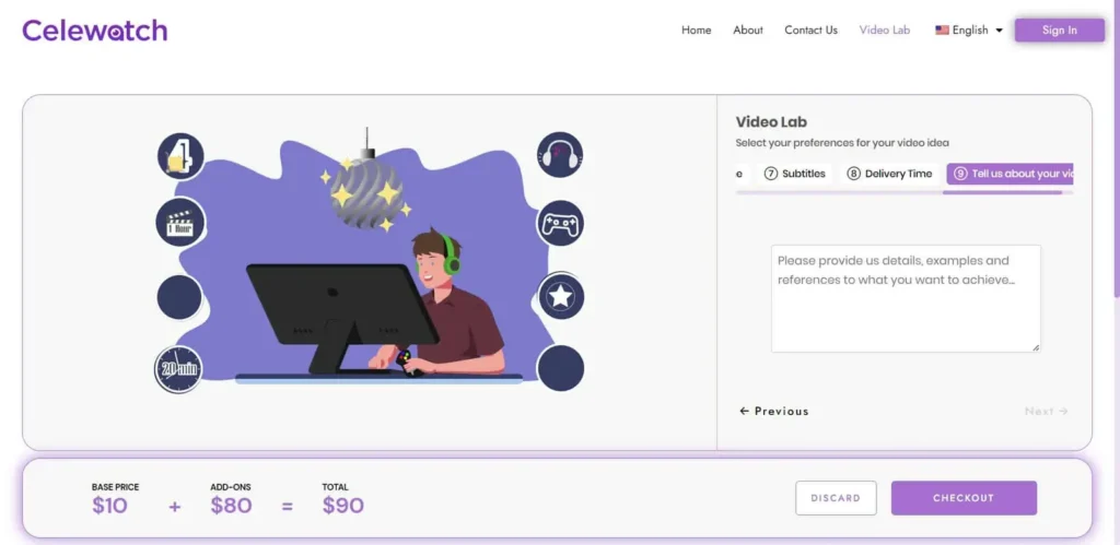 Celewatch AI video creation platform design and development project featuring custom video requests, video production workflow, and responsive web application.