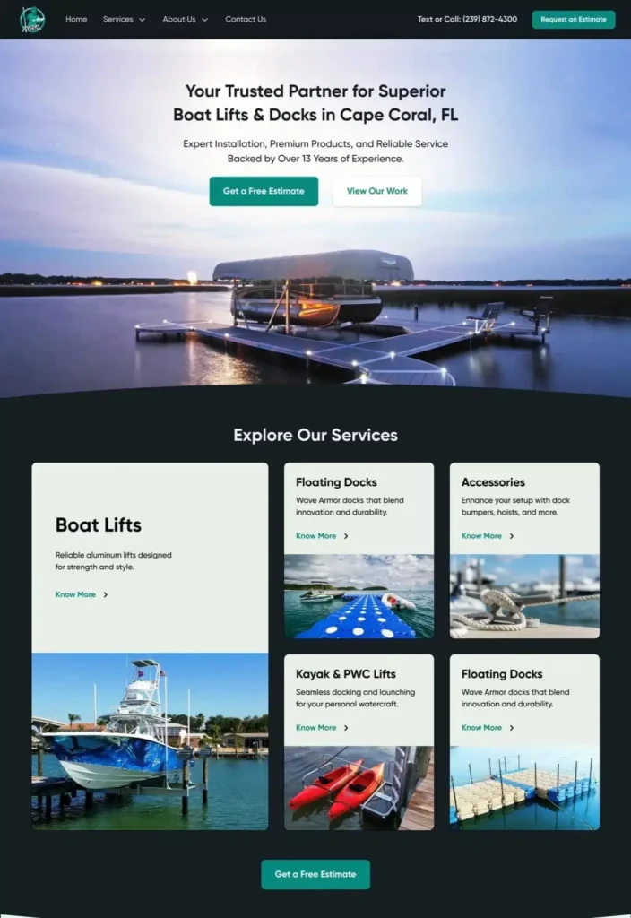 MacDuff Marine boat lifts and dock services website design and development project featuring floating docks, marine accessories, and responsive business website.