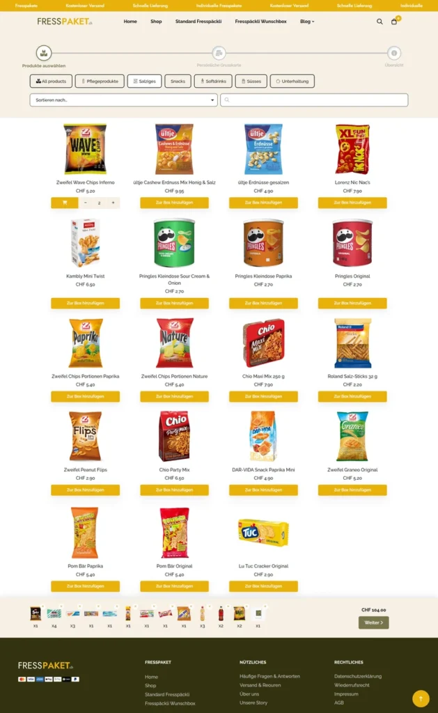 Custom WooCommerce product bundle builder with category filters, product search, sorting options, quantity controls, and live bundle summary.