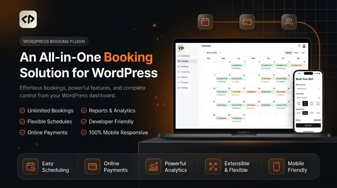 BookingDaddy WordPress booking plugin dashboard with calendar booking system, online payments, scheduling, analytics, and mobile-responsive booking interface.