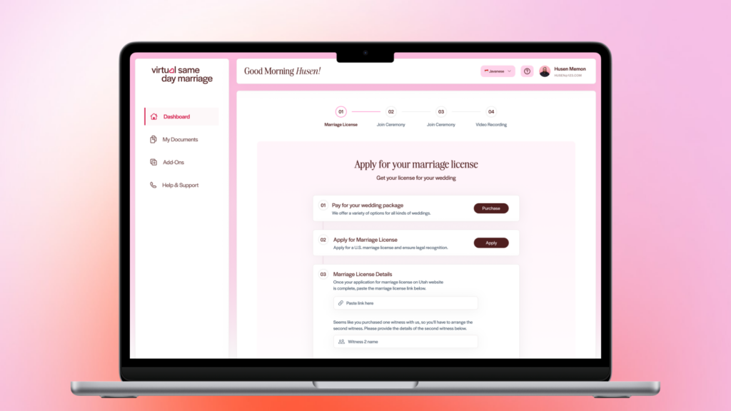 Virtual Same Day Marriage dashboard for completing a marriage license application