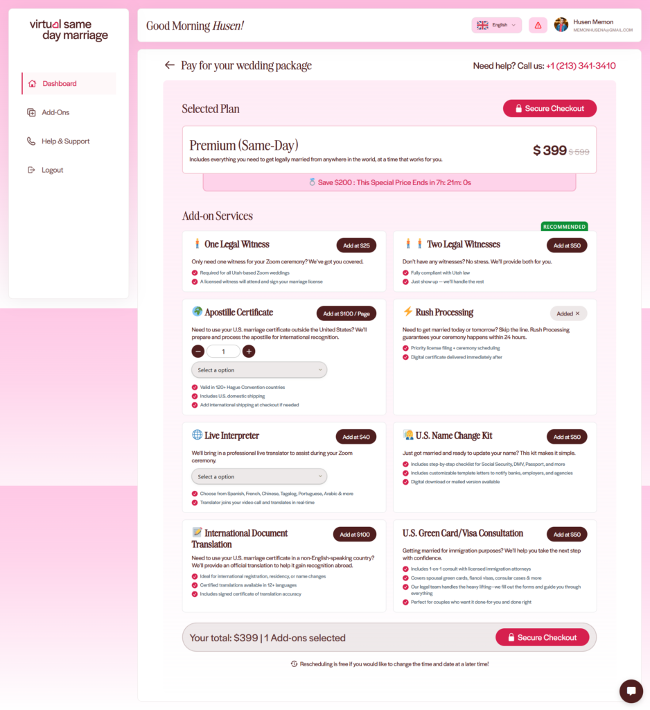 Virtual Same Day Marriage checkout page showing wedding package and add-on services