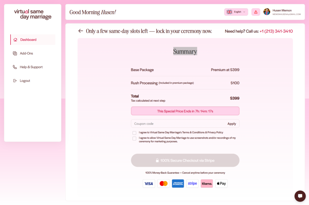 Virtual Same Day Marriage checkout summary showing package pricing and payment details