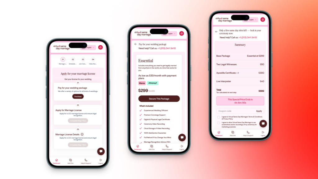 Virtual Same Day Marriage mobile dashboard showing wedding application and checkout screens