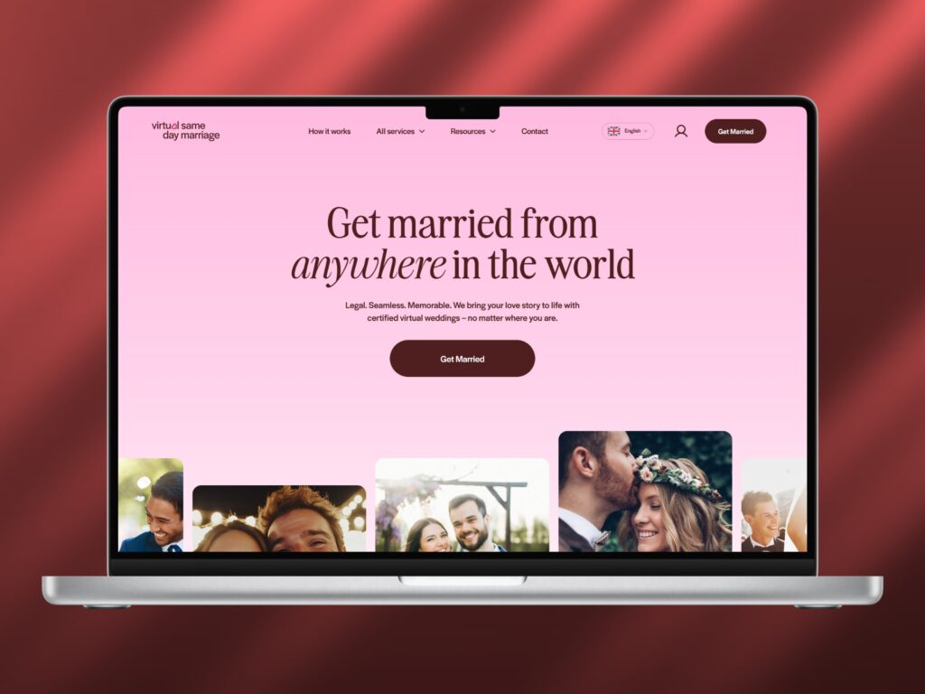 Virtual Same Day Marriage website homepage with wedding service information and testimonial section