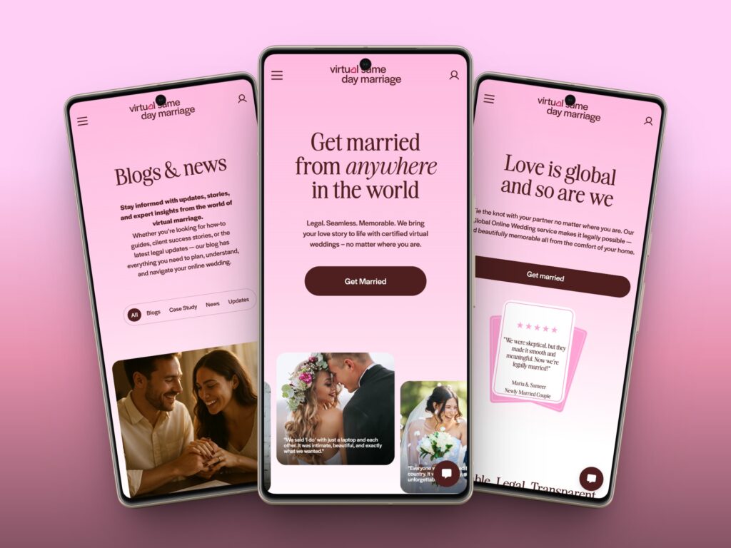 Virtual Same Day Marriage website displayed across three mobile device screens