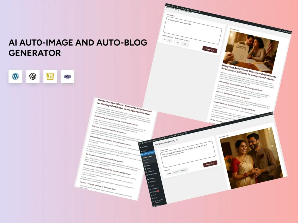 Custom WordPress AI plugin that automatically generates SEO-friendly blog posts and AI-generated featured images using OpenAI, built with PHP and JavaScript.