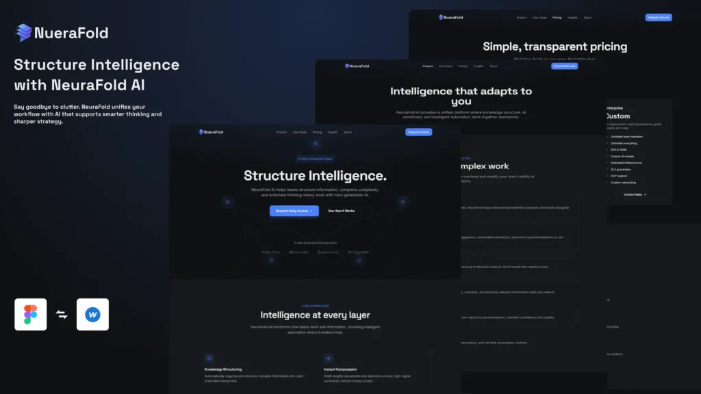 NueraFold AI SaaS platform designed in Figma and developed with WordPress, featuring AI-powered knowledge management, responsive user interfaces, and a modern dark-themed experience.