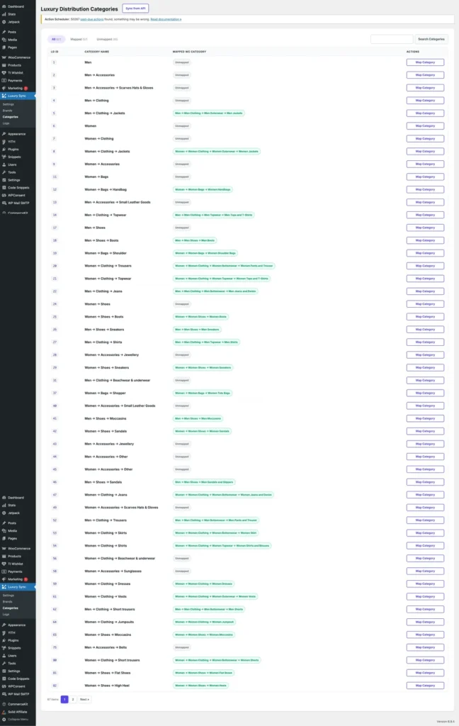 Luxury Distribution Sync category mapping dashboard displaying supplier categories, WooCommerce category mappings, and management tools.