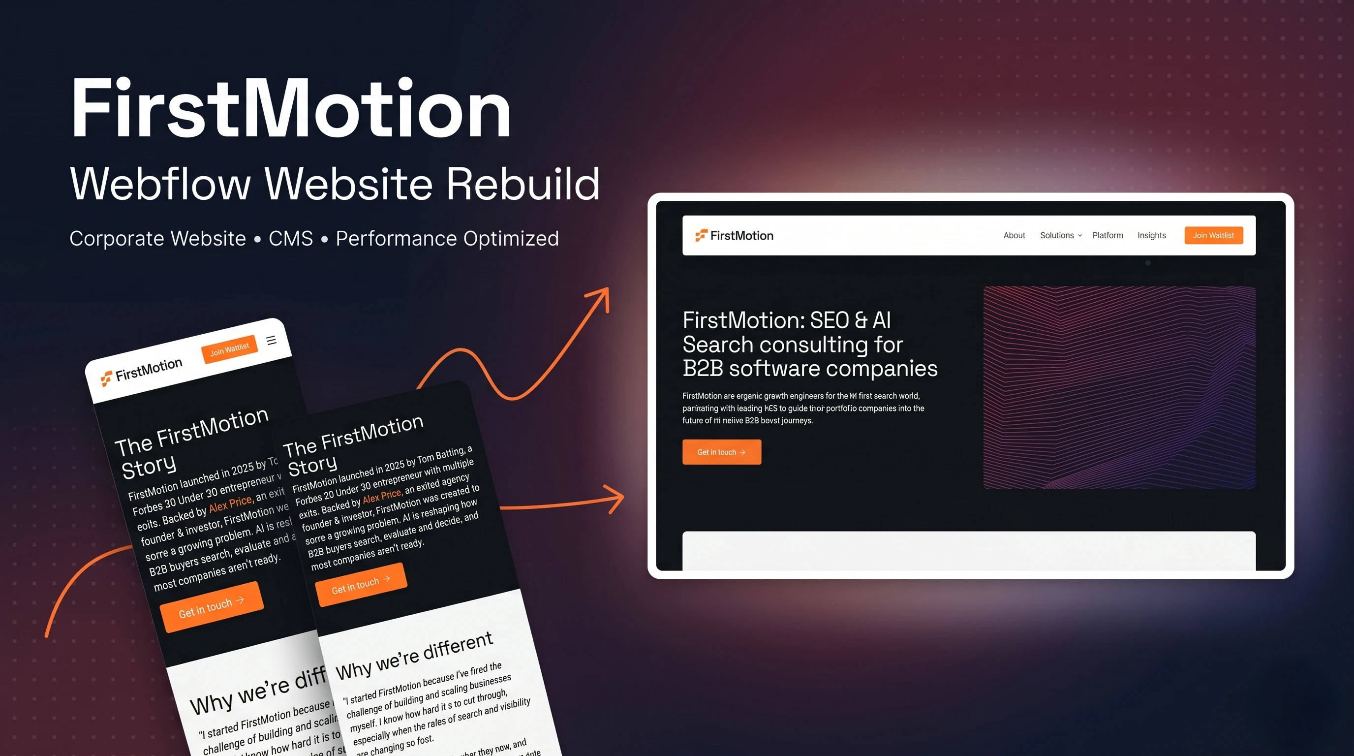 Portfolio thumbnail showcasing FirstMotion Webflow website rebuild with desktop and mobile mockups, highlighting responsive design, CMS structure, and performance optimization.