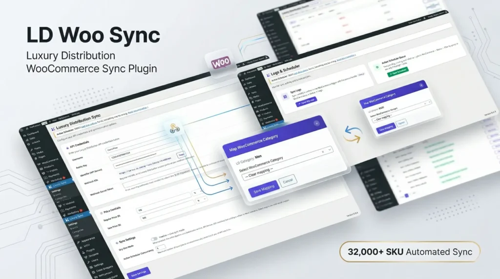 Custom WooCommerce synchronization plugin developed for Luxury Distribution, featuring automated product imports, API integration, category mapping, and inventory synchronization across 32,000+ SKUs.