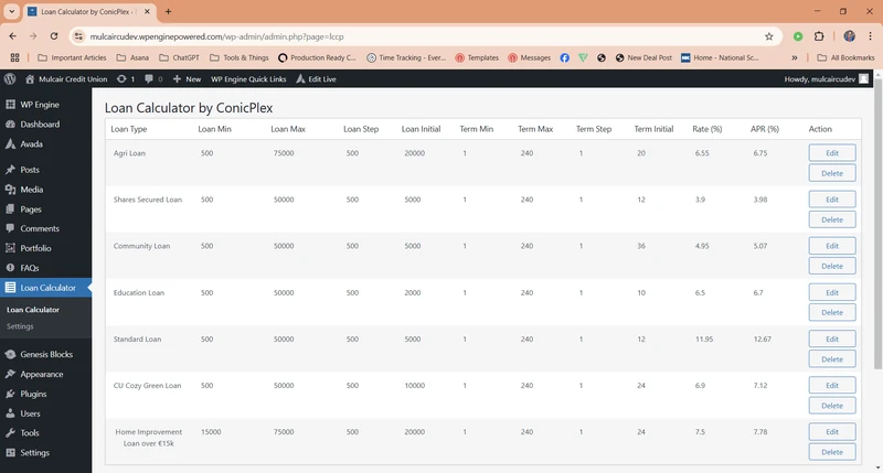 WordPress dashboard displaying configurable loan types with repayment terms, interest rates, APR values, and editable loan settings.