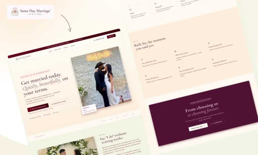 Same Day Marriage New York website designed and developed by ConicPlex using WordPress and Elementor with a custom appointment booking system.