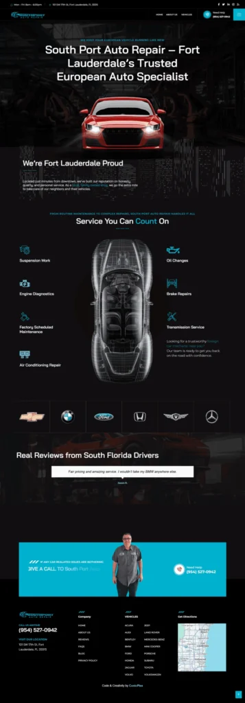 Full homepage of a responsive WordPress website for an automotive repair shop featuring services, customer reviews, vehicle brands, and contact information.