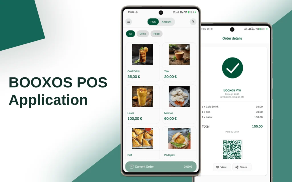 Booxos POS mobile application displaying product catalog, order management, and digital receipt screens