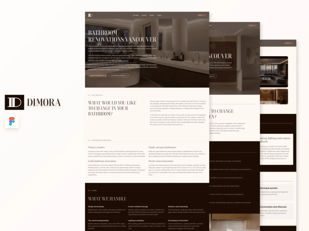 Dimora interior design service pages UI/UX design showcasing six unique layouts
