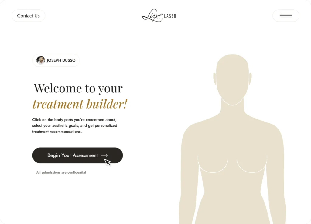 Luxe Laser custom treatment builder with interactive patient assessment and personalized treatment recommendations