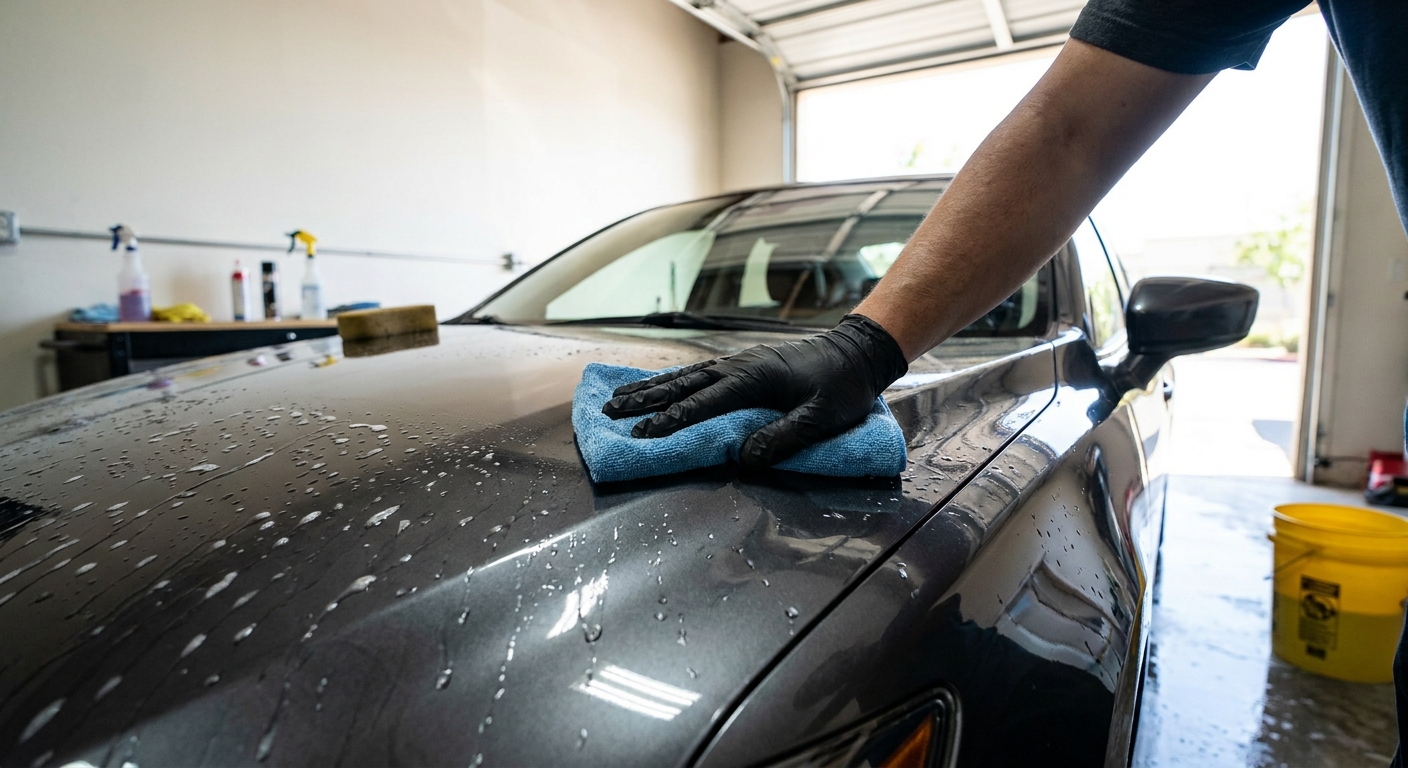 Close-up of a gloved hand hand-washing and detailing the hood of a dark sedan in a service bay, water beading on the paint