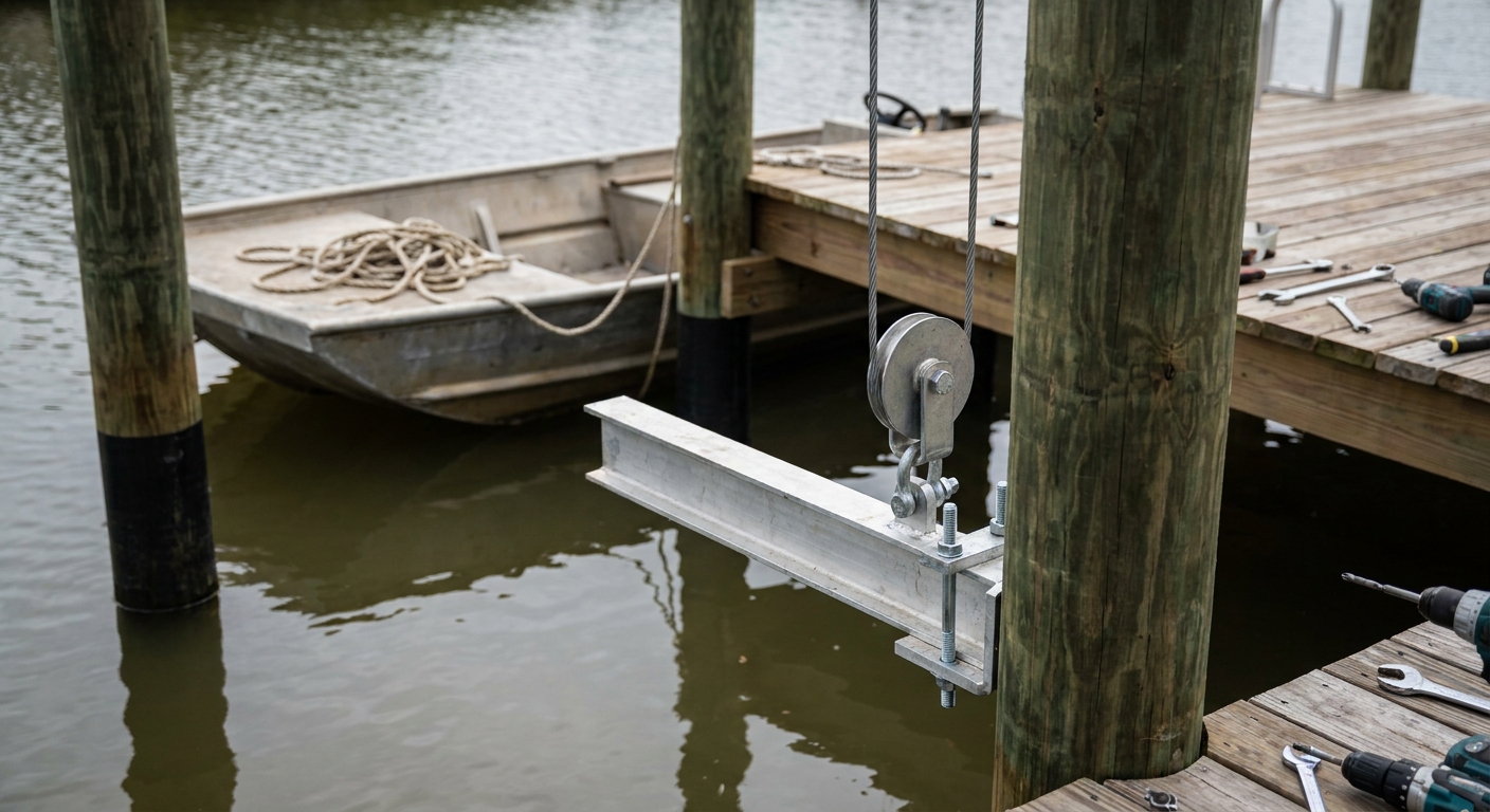 A boat lift cradle beam and pulley being installed on freshly set pilings at a Florida dock, with tools and a workboat nearby
