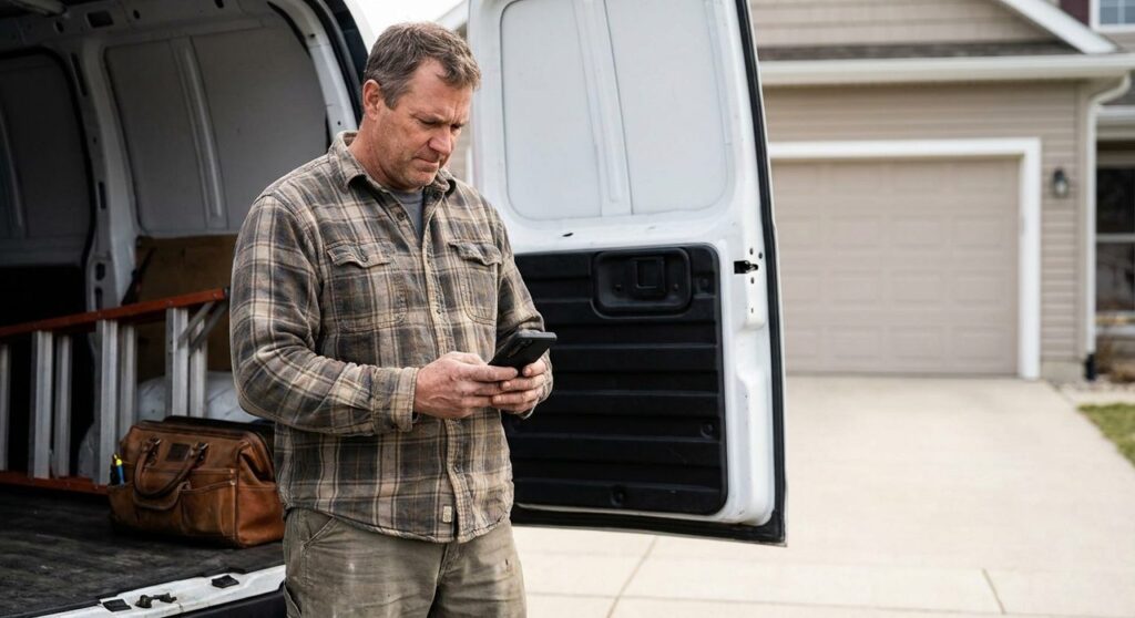 A home-repair contractor checking a job request on his phone beside his work van in a driveway