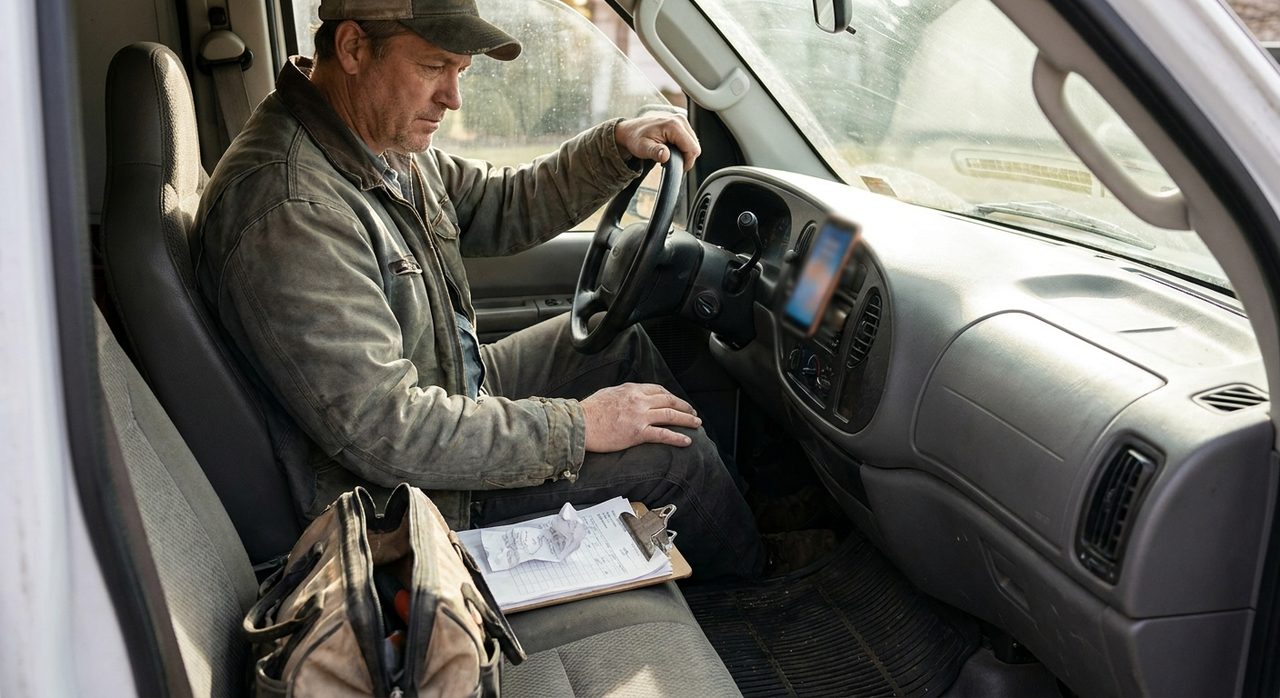 A professional reviewing a paper work order on a clipboard inside a work van, phone mounted on the dashboard