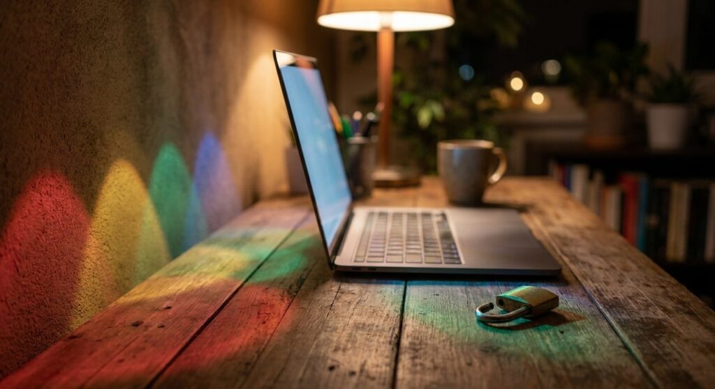 A laptop on a wooden desk glowing with soft red, yellow, green, and blue light, with an open padlock beside it, symbolizing a browser security fix