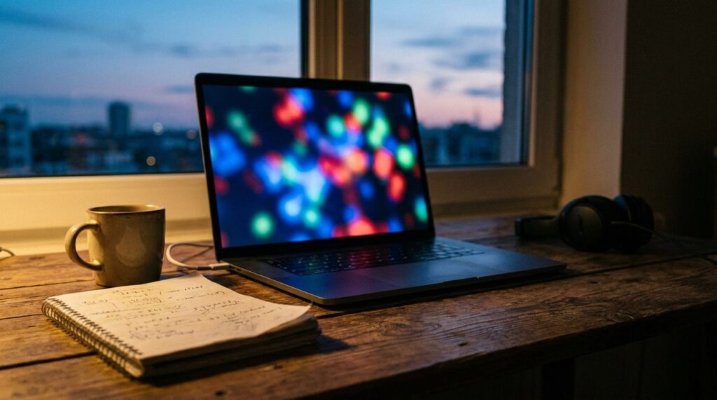 A laptop glowing with colorful abstract graphics light on a wooden desk at dusk, evoking browser GPU rendering security