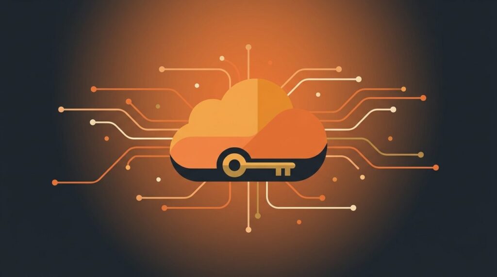 A stylized orange cloud illustration with a key icon and circuit-line accents, representing Cloudflare API authentication