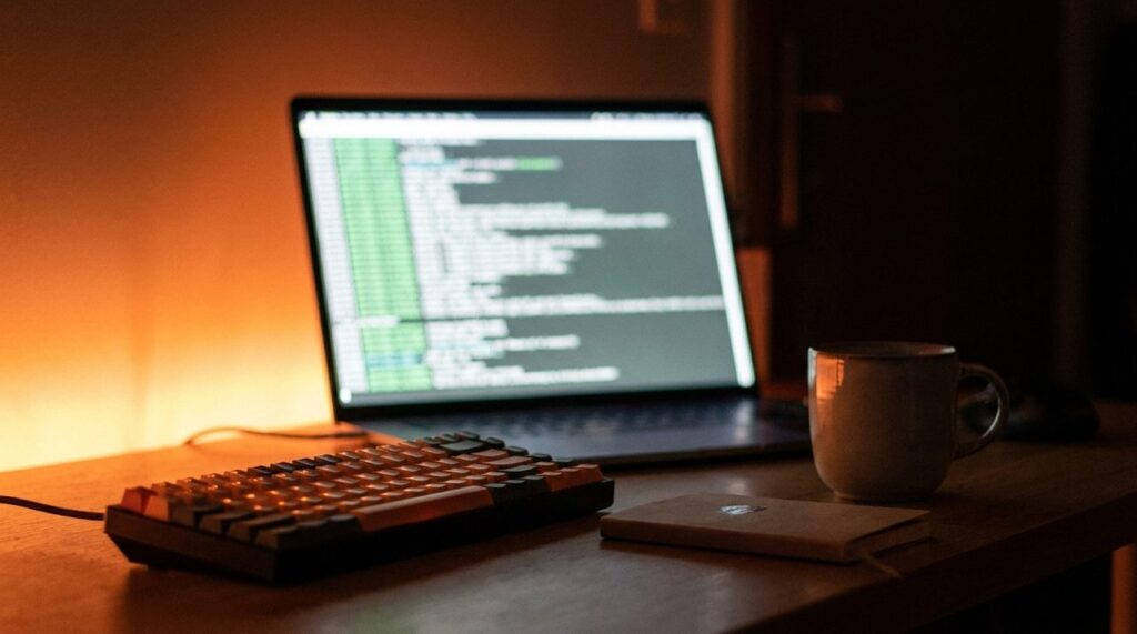 A laptop glowing with a blurred deployment log on a real desk lit with warm Cloudflare-orange ambient light
