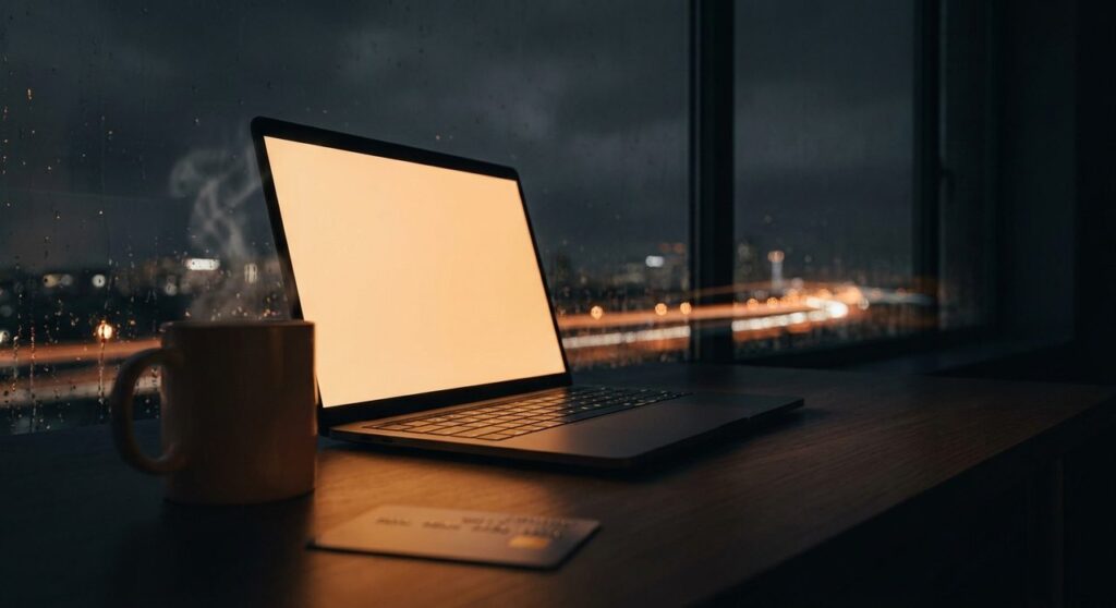 A laptop glowing amber on a desk at night with a city skyline and light trails visible through the window, evoking a distributed network, with a keycard resting nearby