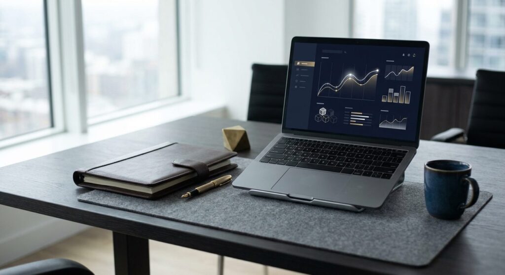 A laptop displaying a dark navy financial dashboard with charts, next to a leather portfolio and fountain pen on an office desk