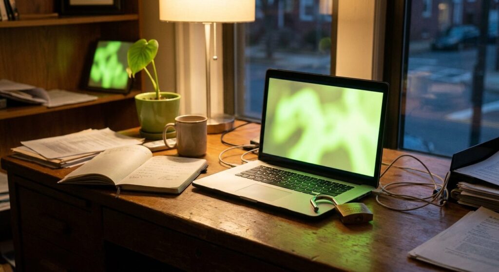 A laptop glowing green on a desk next to an open padlock, symbolizing the GiveWP security flaw