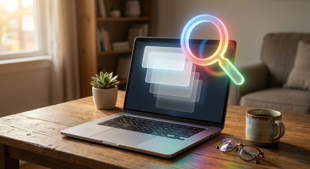 A laptop on a wood desk with a glowing multicolor magnifying glass hovering over stacked browser-window cards, symbolizing a Google search ranking update