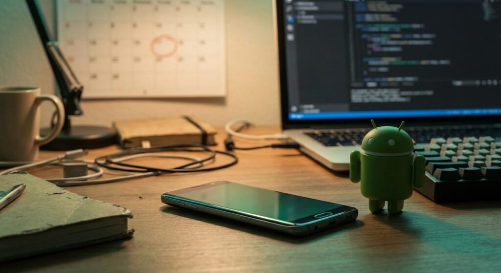 Android phone and a green Android mascot figurine on a developer desk with a wall calendar date circled, symbolizing the Google Play target API level 36 deadline