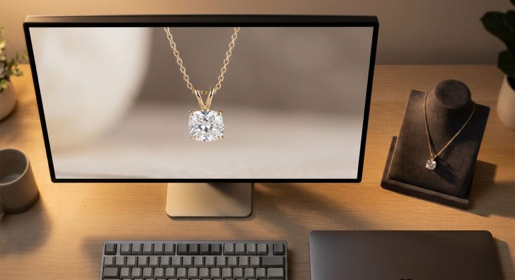 A diamond pendant necklace shown full-bleed on a desktop monitor beside the same necklace displayed on a jewelry stand, on a wood desk with a keyboard and laptop.