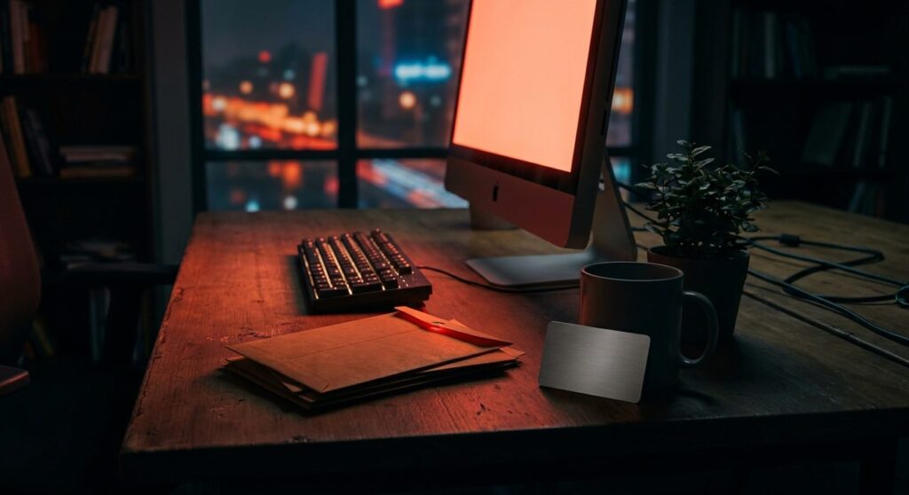A desk at night lit by warm red-orange monitor glow, with envelopes and a blank keycard beside a keyboard, symbolizing email routing and account access tied to the Mailgun for WordPress SSRF vulnerability.