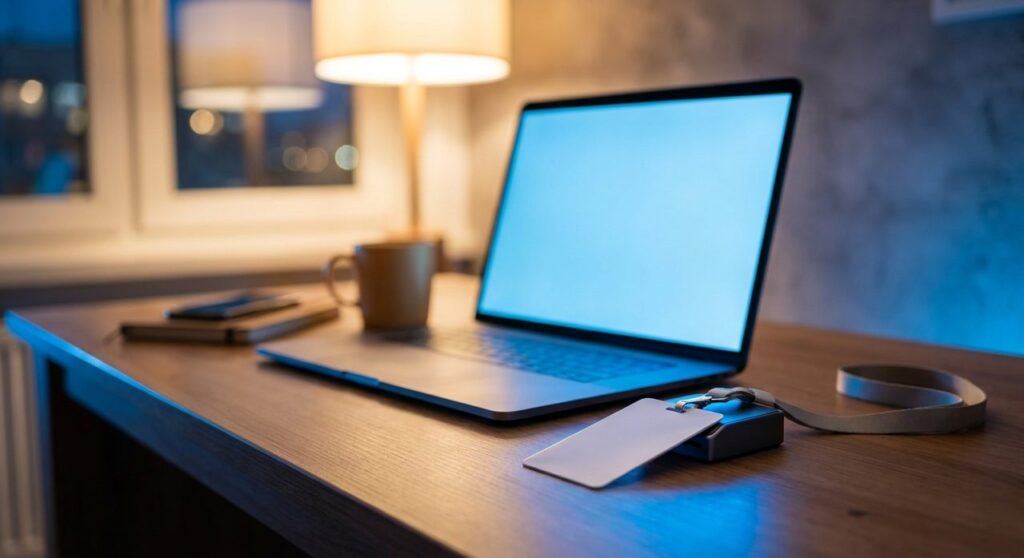 A laptop with a glowing blue screen on a desk at night, next to an ID keycard resting in a badge reader, symbolizing a forged login credential
