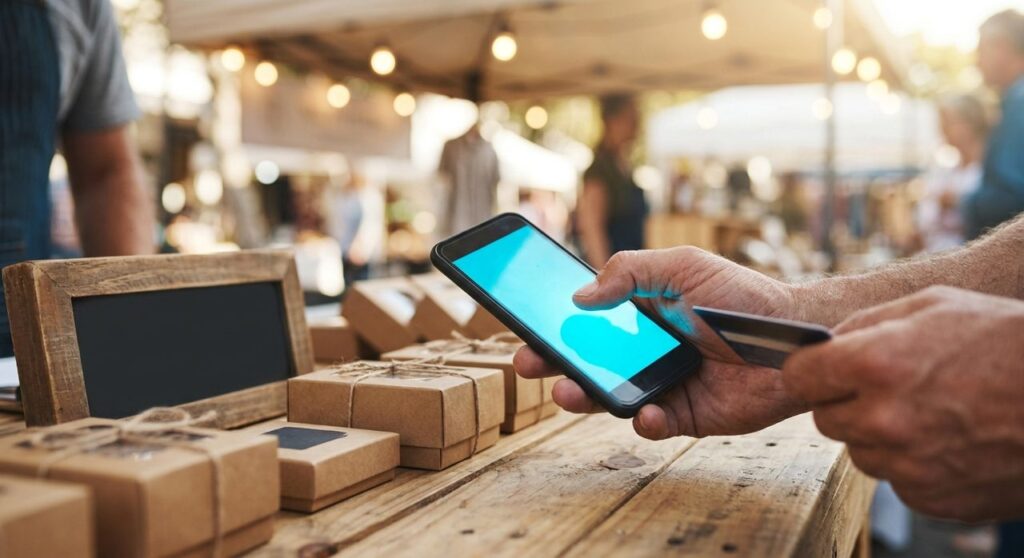A vendor at an outdoor market stall tapping a customer's card against a smartphone with a bright cyan-blue screen to accept a contactless payment, no card reader or register on the table