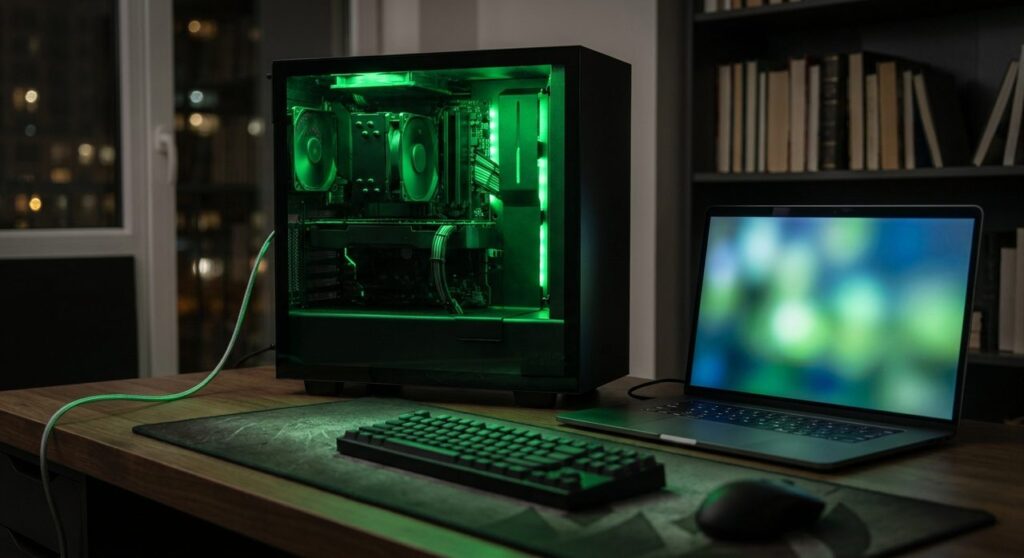 A home developer workstation at night with a PC tower glowing green inside next to an open laptop, representing a local AI model server exposed on the network