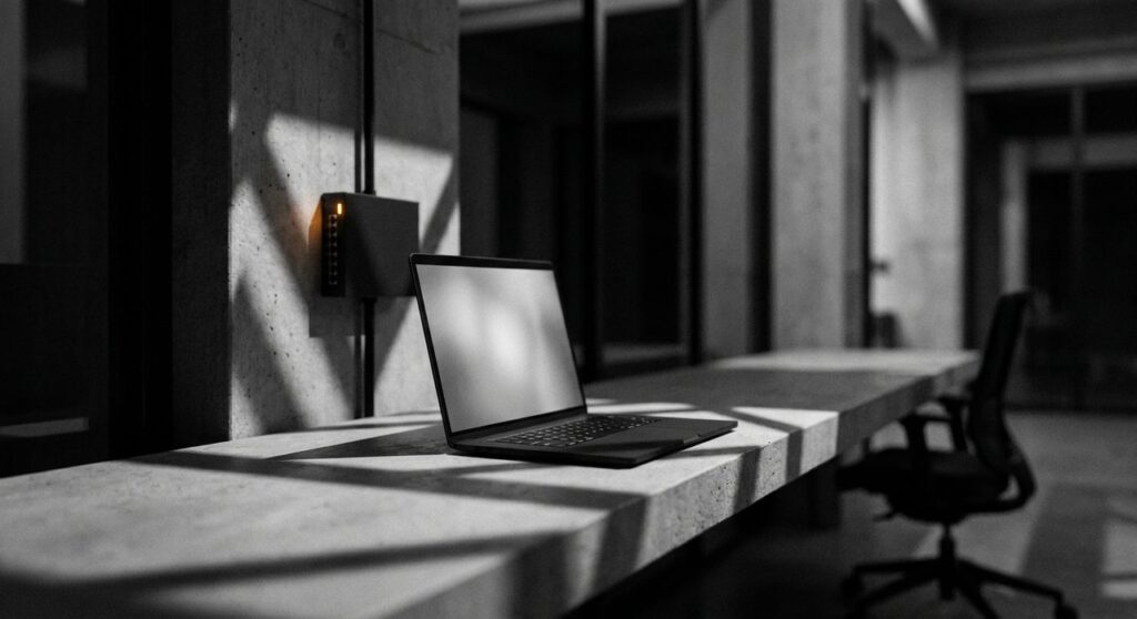 A dark minimalist workspace with a laptop open on a concrete desk and a small amber warning light glowing on a nearby wall-mounted network switch, evoking a critical security alert.