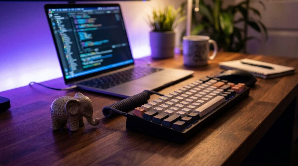 A small elephant figurine next to a mechanical keyboard on a developer desk lit with violet ambient light, evoking PHP