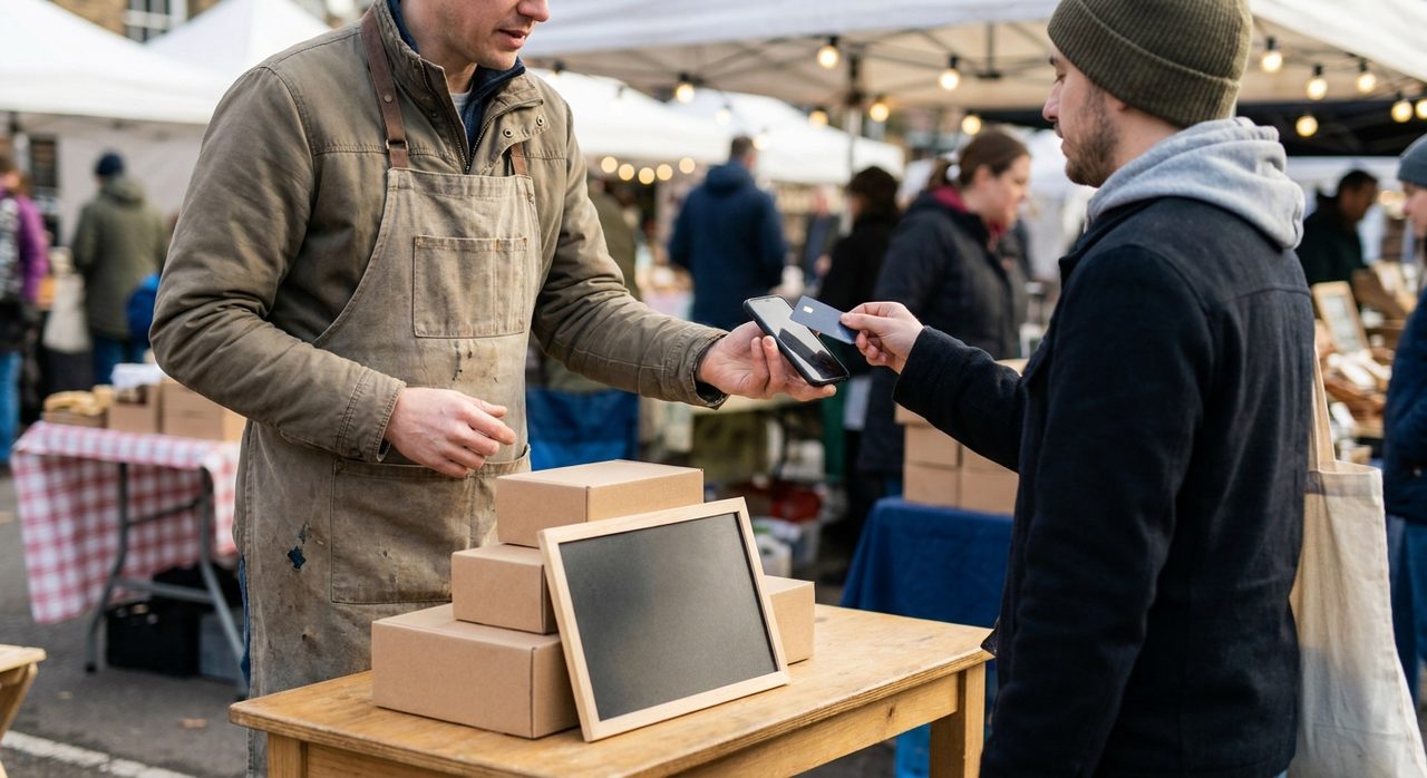 A vendor at a pop-up market stall handing a smartphone to a customer to tap their card for payment, with no cash register or separate card terminal on the table