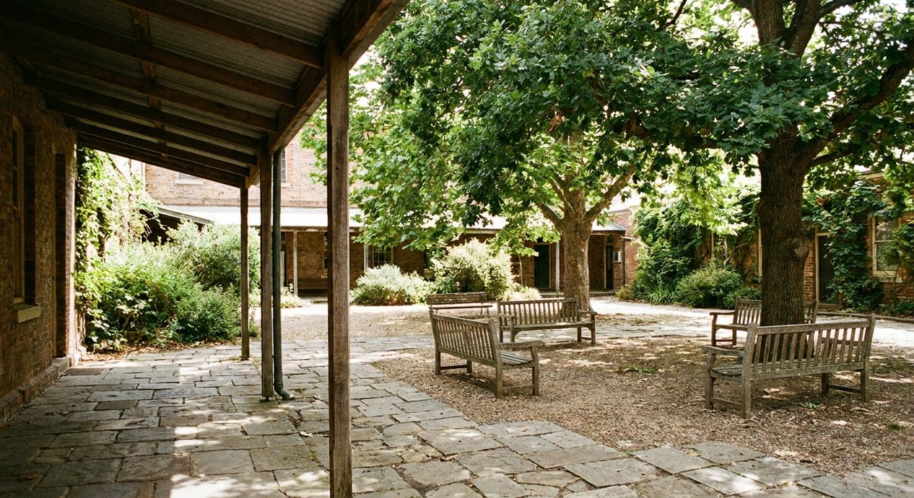 A sunlit school courtyard with a covered walkway, mature trees, and empty wooden benches