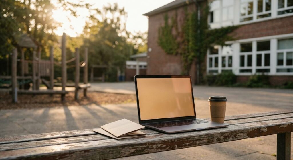 A laptop with a warm indistinct screen glow resting on a bench outside a sunlit school building at golden hour, admission brochures beside it