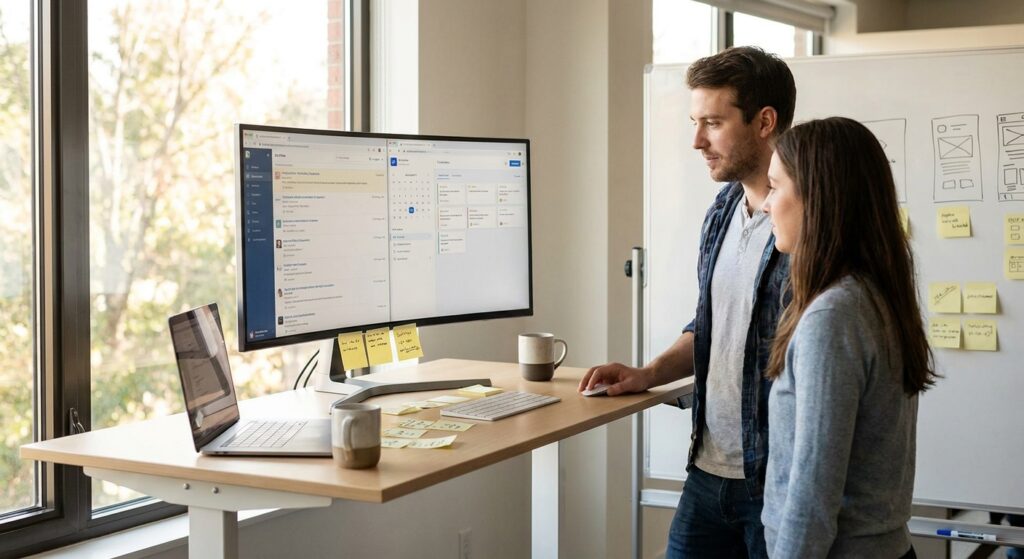 Two team members reviewing a two-panel service marketplace dashboard mockup on a monitor, showing a job listing feed alongside a provider work-management view