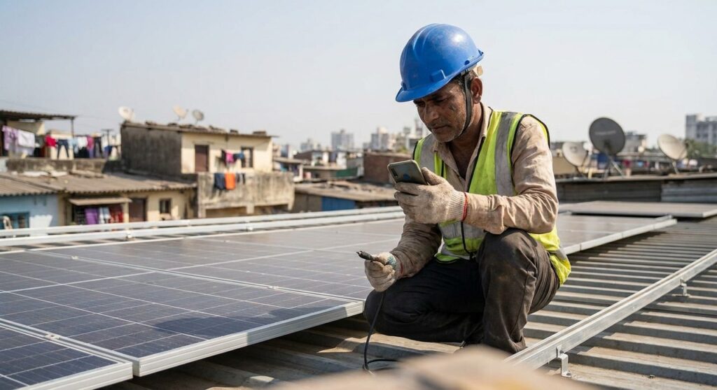 Solar installation technician kneeling on a rooftop checking a job on his phone while working on solar panel wiring