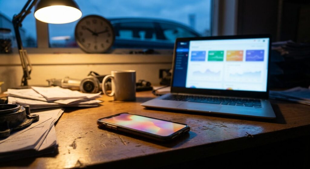 A phone glowing with a notification next to a laptop showing a CRM dashboard on a dealership office desk at dusk, with a car visible through the window