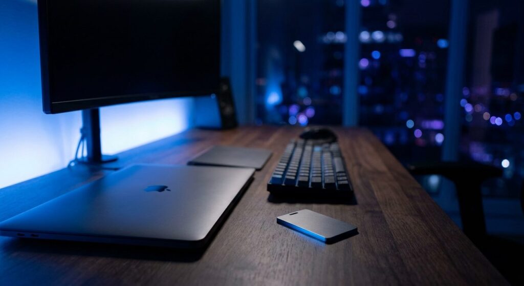 A blue-lit developer workspace at night with a laptop, monitor, and a blank metal keycard on the desk, symbolizing WordPress account security